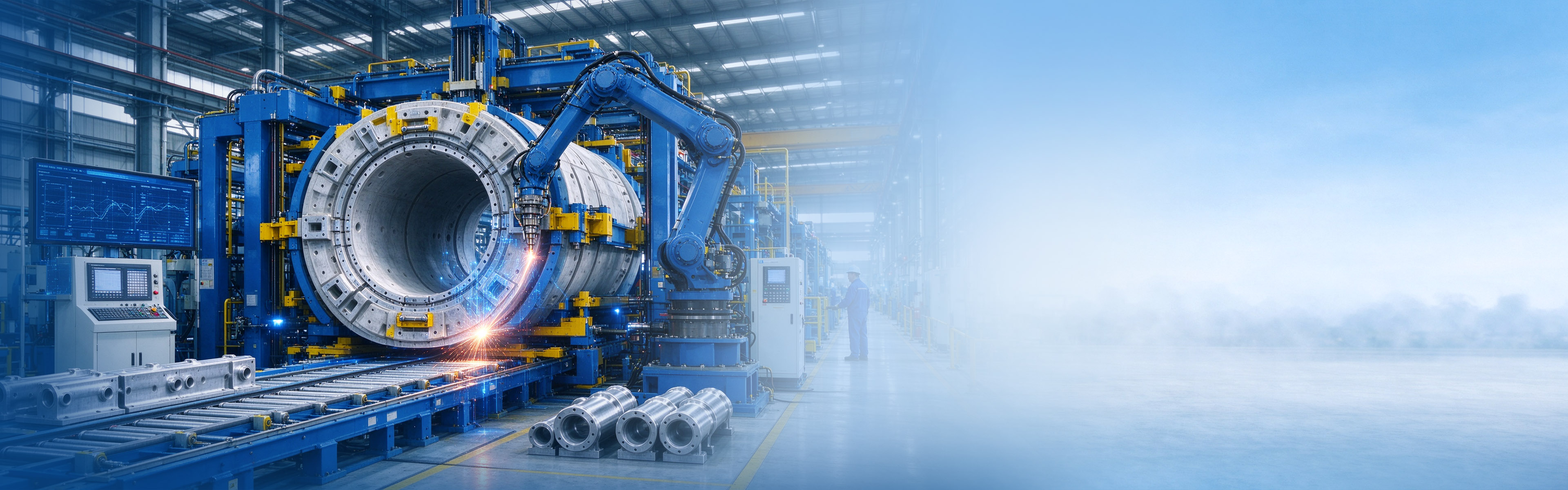 Blue robot arm finishing a large shield segment mould ring on an automated production line
