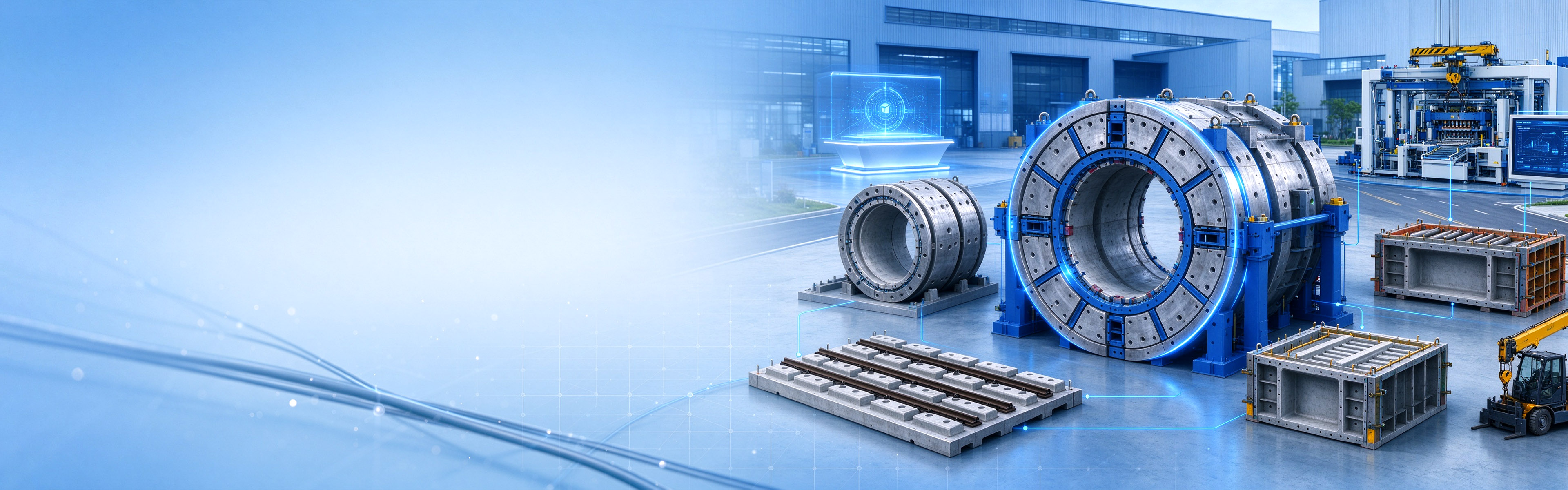 Shield segment mould rings with precast components and a blue automated production system